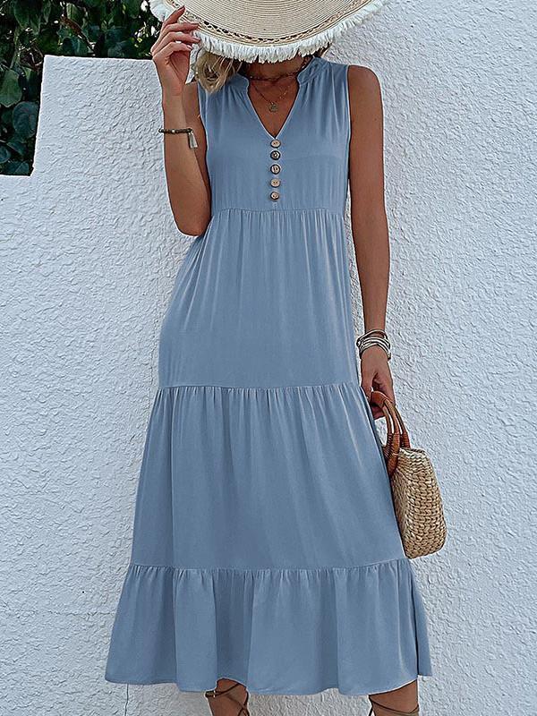 Loose Sleeveless Pleated Split-Joint V-Neck Midi Dresses Product Image