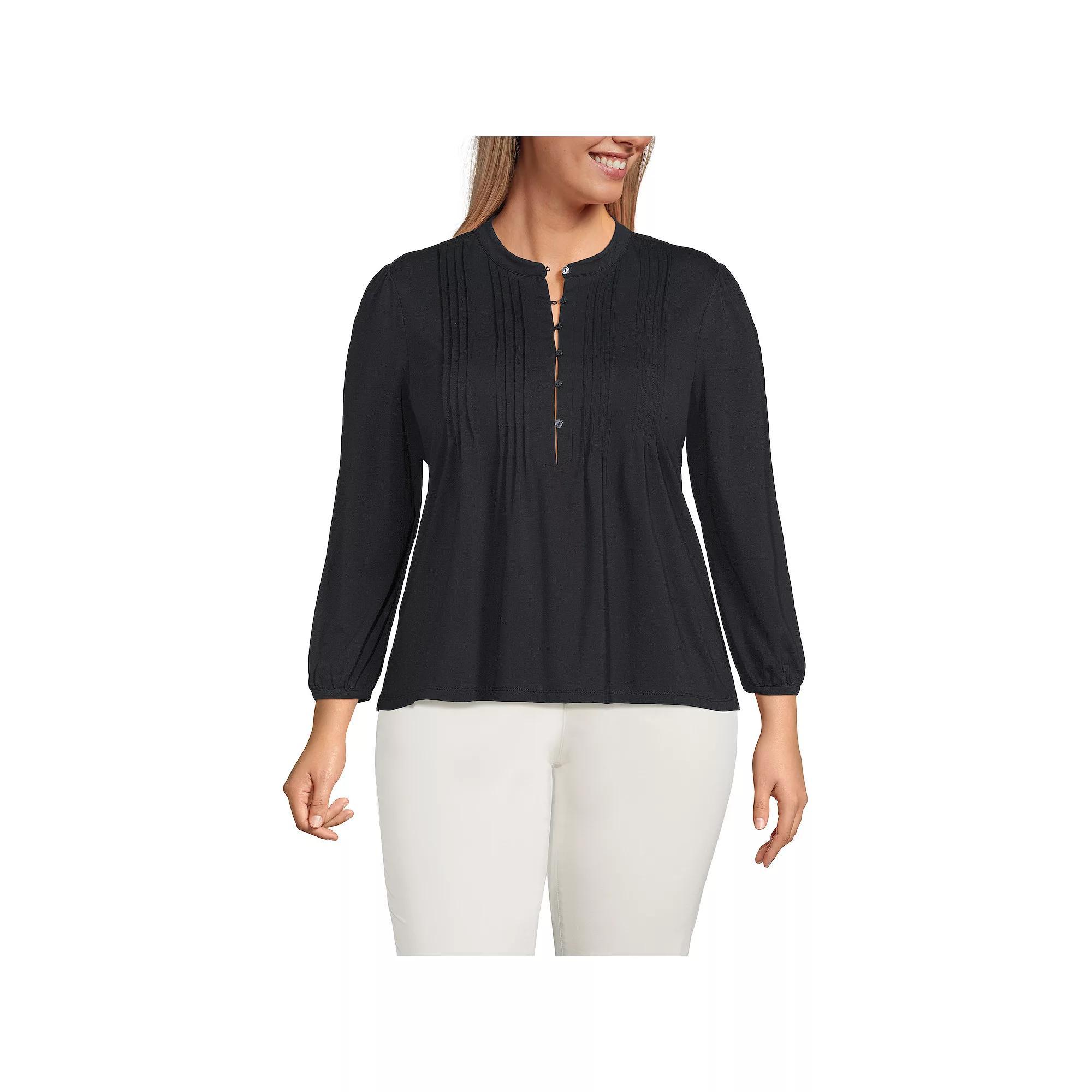 Plus Size Lands' End Lightweight Jersey Button Pintuck Top, Women's, Size: 1XL, Blue Pin Dot Product Image