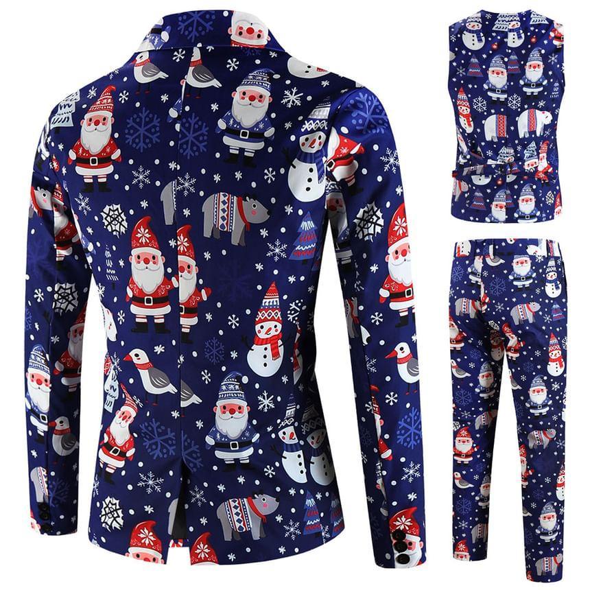 Notch Lapel Christmas Print Single Breasted Blazer / V-Neck Button Vest / Mid Rise Slim Fit Dress Pants / Set Product Image