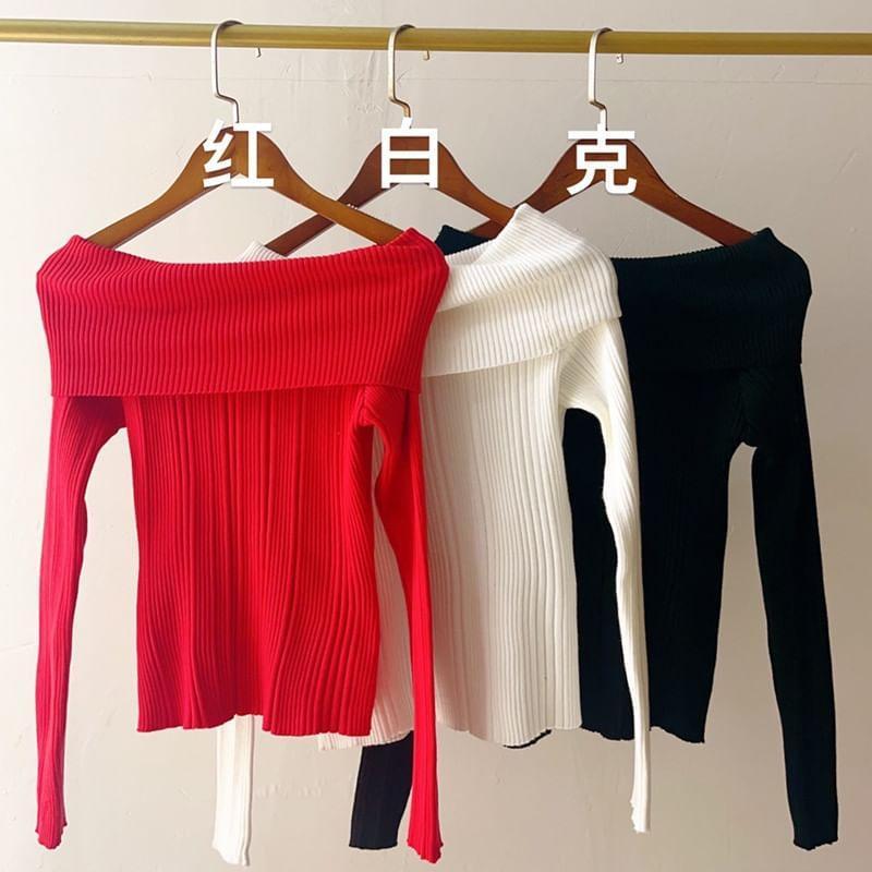 Long-Sleeve Off-Shoulder Plain Ribbed Slim Fit Crop Knit Top Product Image