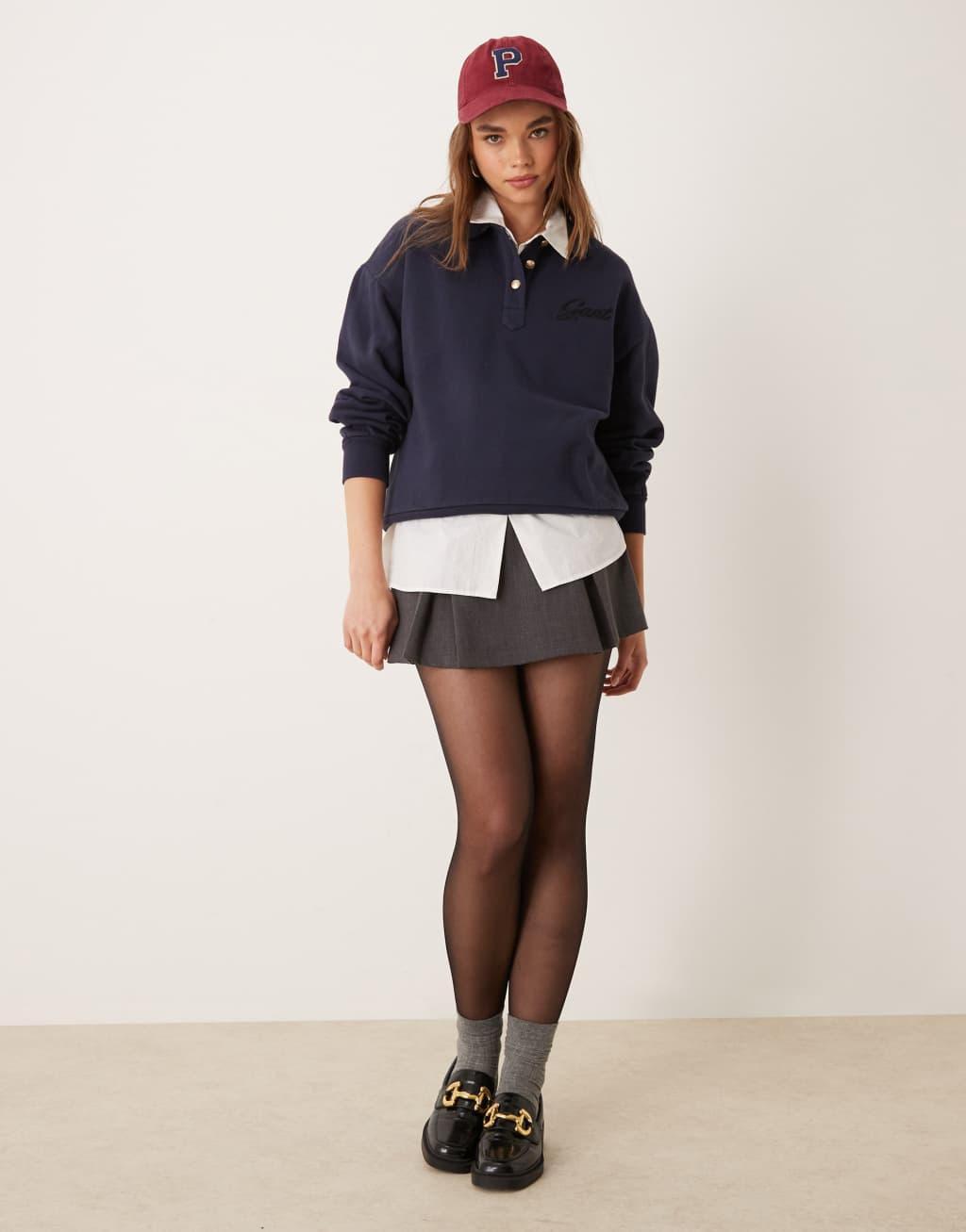 GANT logo polo sweatshirt with tartan collar in navy Product Image