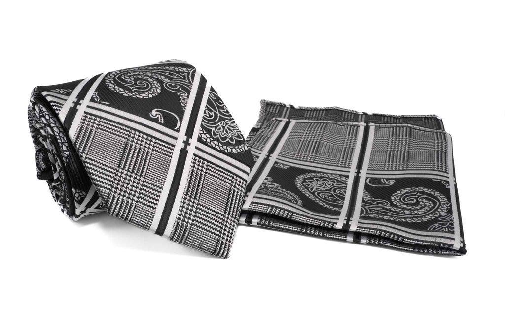 Black Gray Multi Pattern Tie and Pocket Square Set Product Image