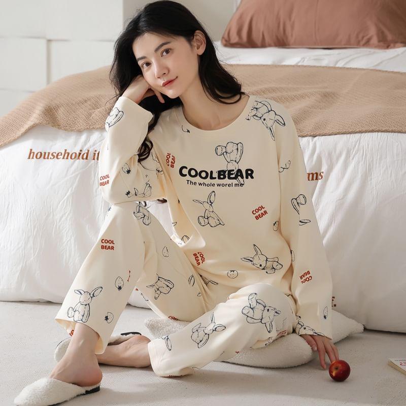 Loungewear Set : Long-Sleeve Bear Print Padded T-Shirt + Pants Product Image