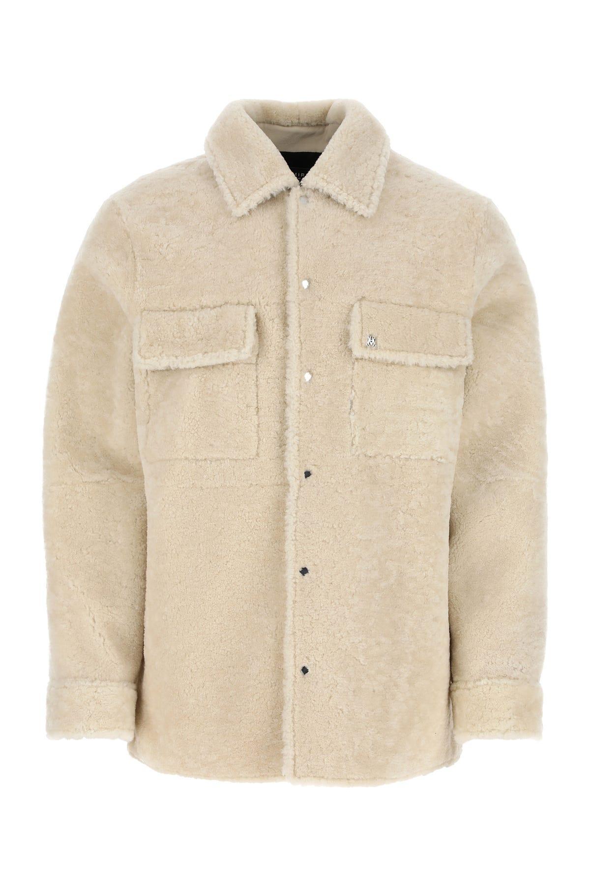 AMIRI Logo-print Shearling Shirt Jacket In Cream Product Image