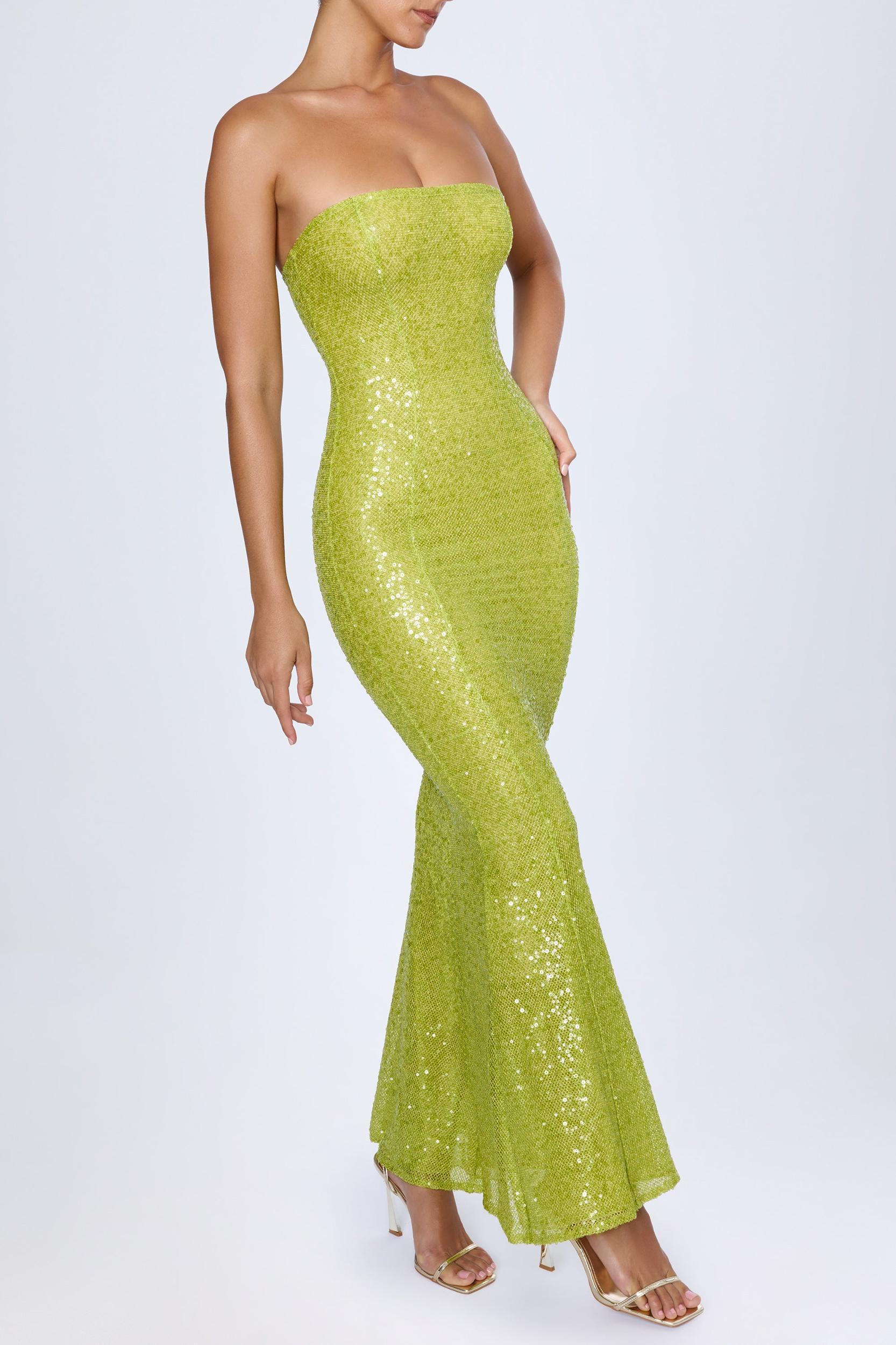 Embellished Cut-Out Bandeau Maxi Dress in Pear Green Product Image