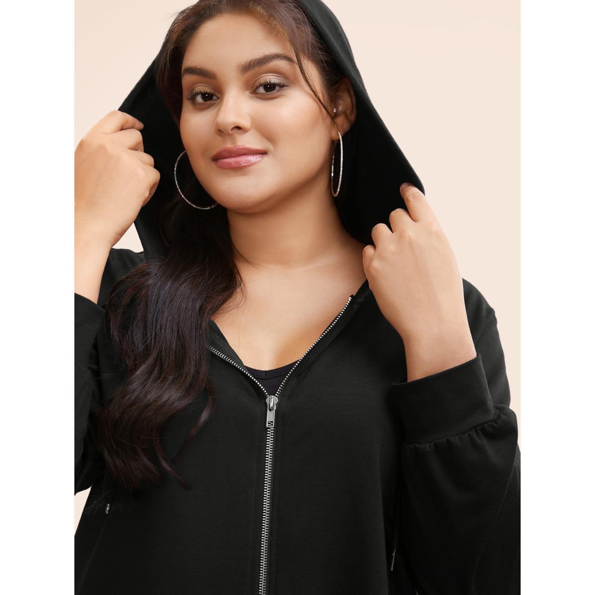 Plus Size Plain Zipper Hooded Drawstring Pocket Sweatshirt Women Black Casual Plain Hooded Dailywear Sweatshirts BloomChic 30/6X Product Image