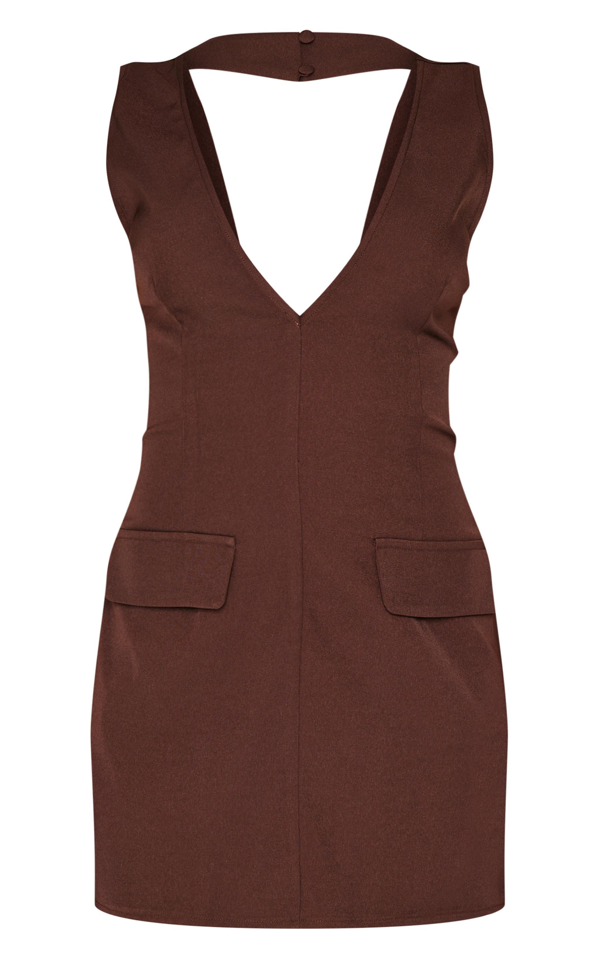 Chocolate Plunge Pocket Detail Mini Dress Product Image