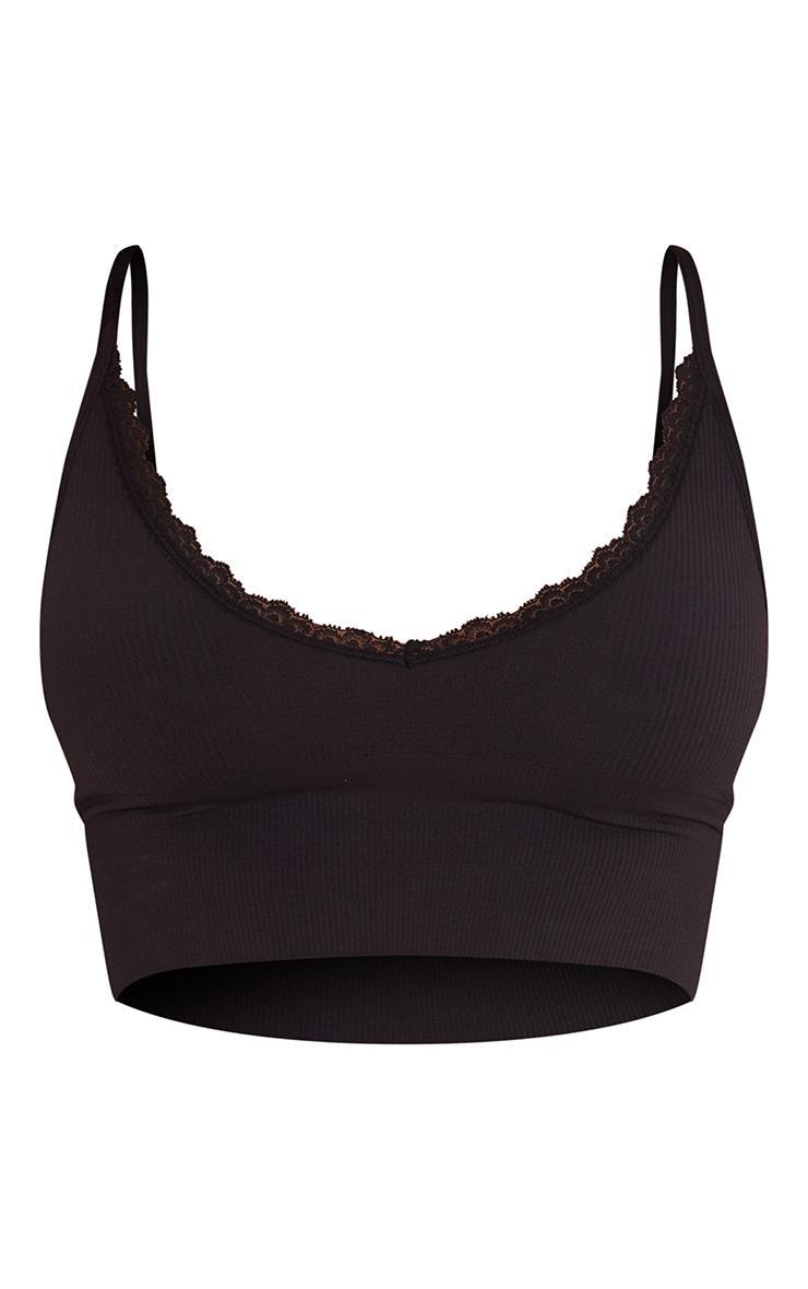 Black Seamless Rib Lace Trim Longline Bra Product Image