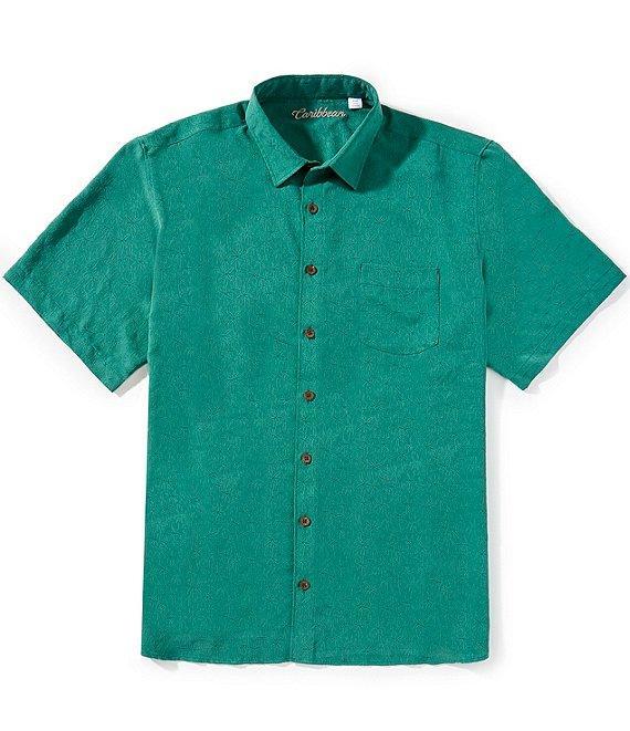 Caribbean Big & Tall Palm Paradise Jacquard Solid Short Sleeve Woven Shirt Product Image
