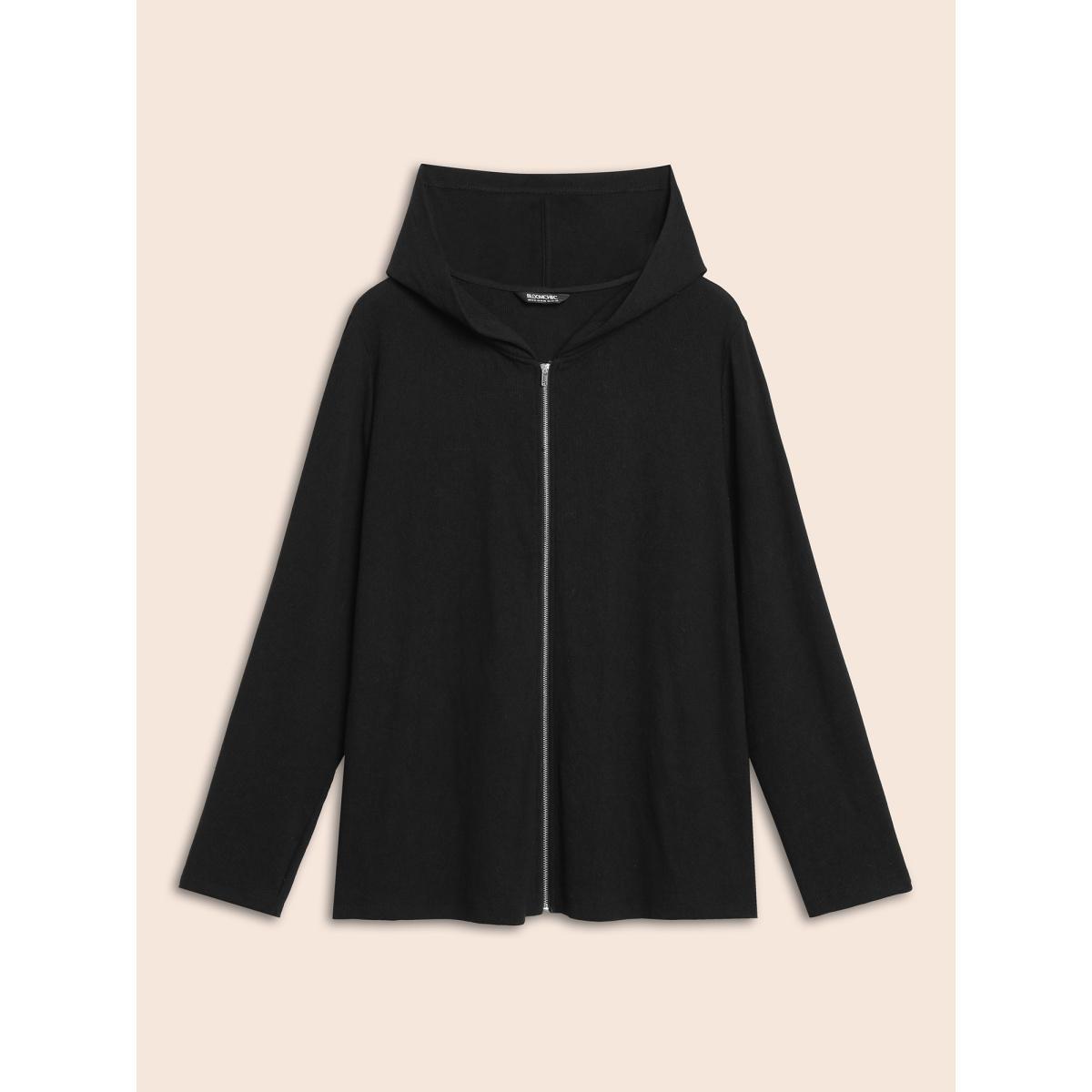 Plus Size Hooded Zipper Medium Stretch Sweatshirt Women Black Casual Texture Hooded Everyday Sweatshirts BloomChic 22-24/3X Product Image