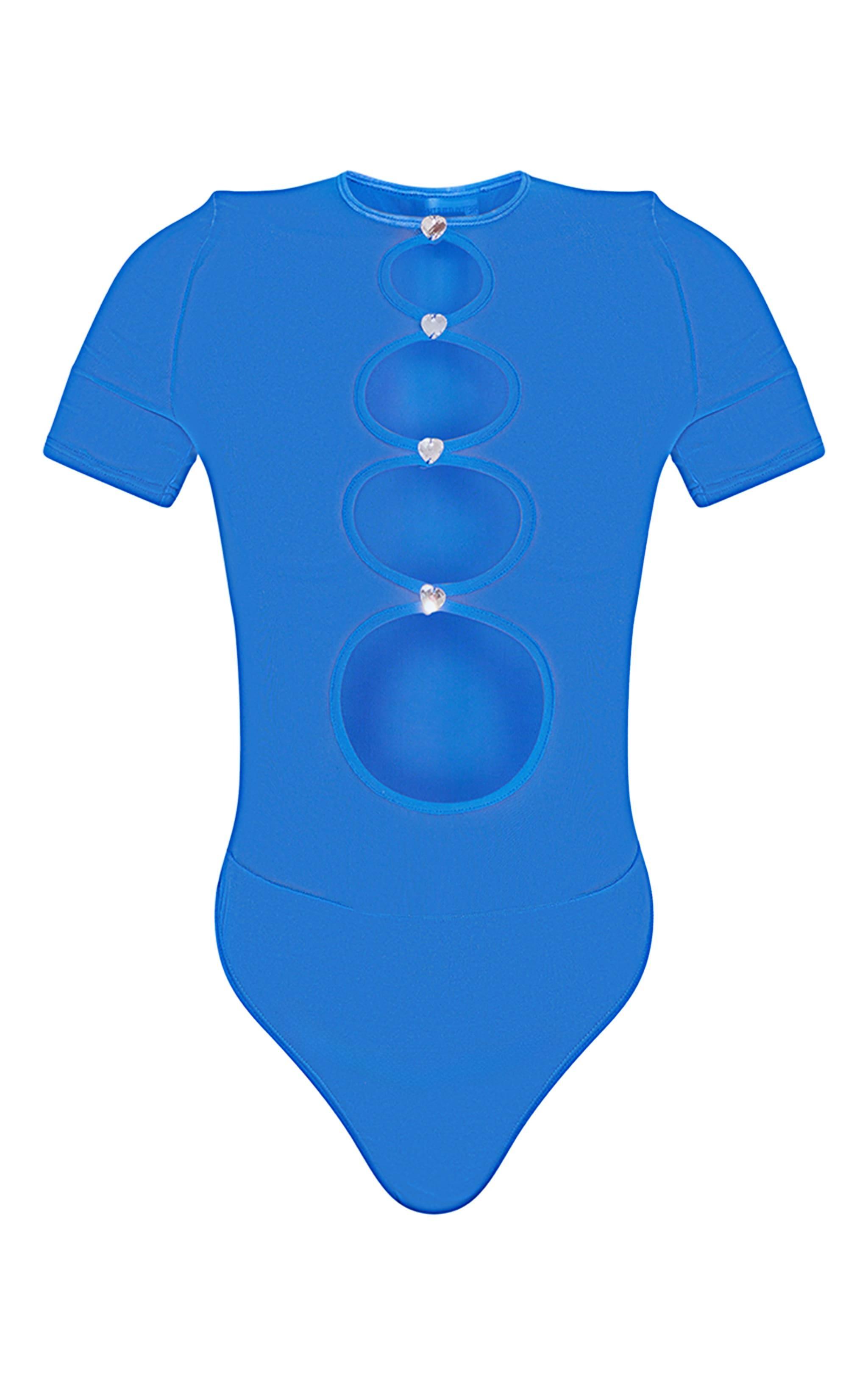 Blue Mesh Cut Out Diamante Bodysuit Product Image