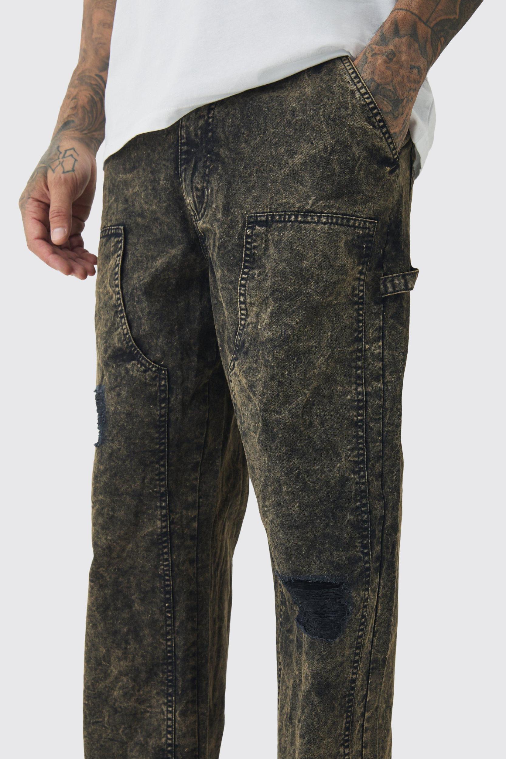 Tall Acid Wash Carpenter Pants With Knee Rips | boohooMAN USA Product Image