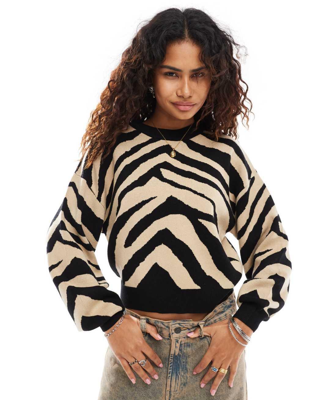 Noisy May knitted sweater in black & beige zebra Product Image