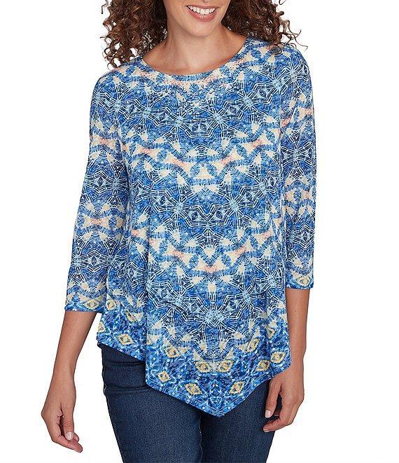 Ruby Rd. Knit Embellished Crew Neck 3/4 Sleeve Asymmetrical Hem Top Product Image