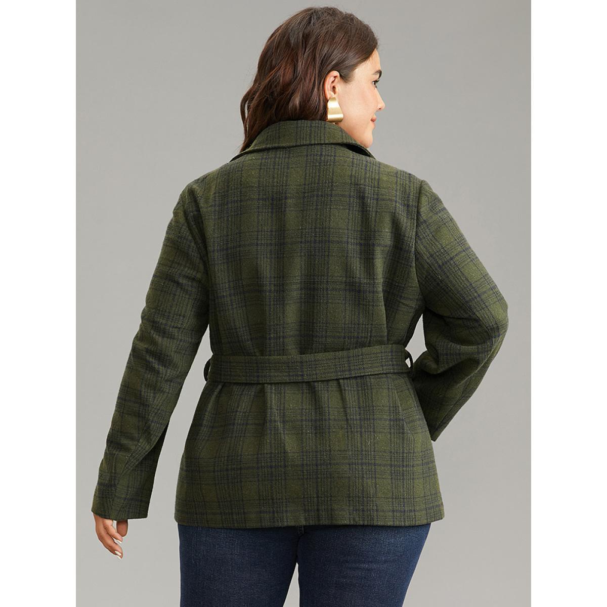 Plus Size Plaid Lapel Collar Double Breasted Belted Coat Women ArmyGreen Casual Lined Ladies Dailywear Winter Coats BloomChic 26/4X Product Image