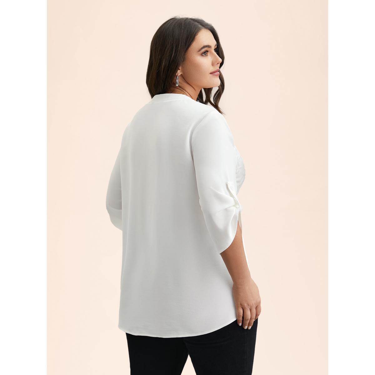 Plus Size WhiteSmoke Lace Patchwork Gathered Tab Sleeve Shirt Women Casual Elbow-length sleeve Notched collar Everyday Blouses BloomChic 30/6X Product Image