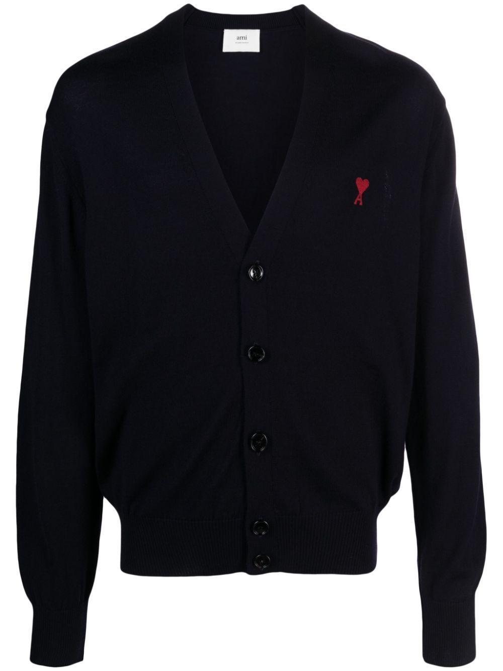 AMI ALEXANDRE MATTIUSSI Ami De Coeur-embroidered Merino Cardigan In 430 Night Blue Product Image