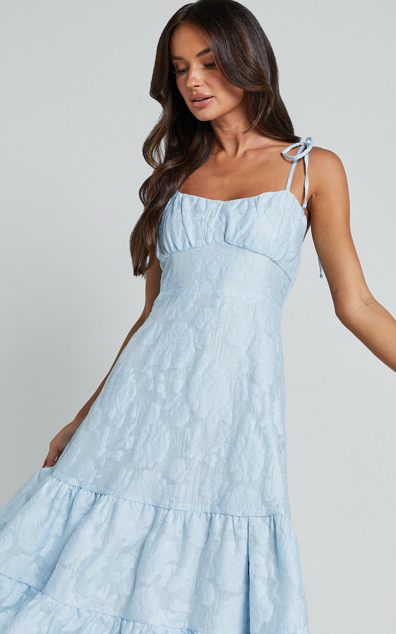 Jovena Midi Dress - Gathered Bodice Tiered Dress in Blue Product Image