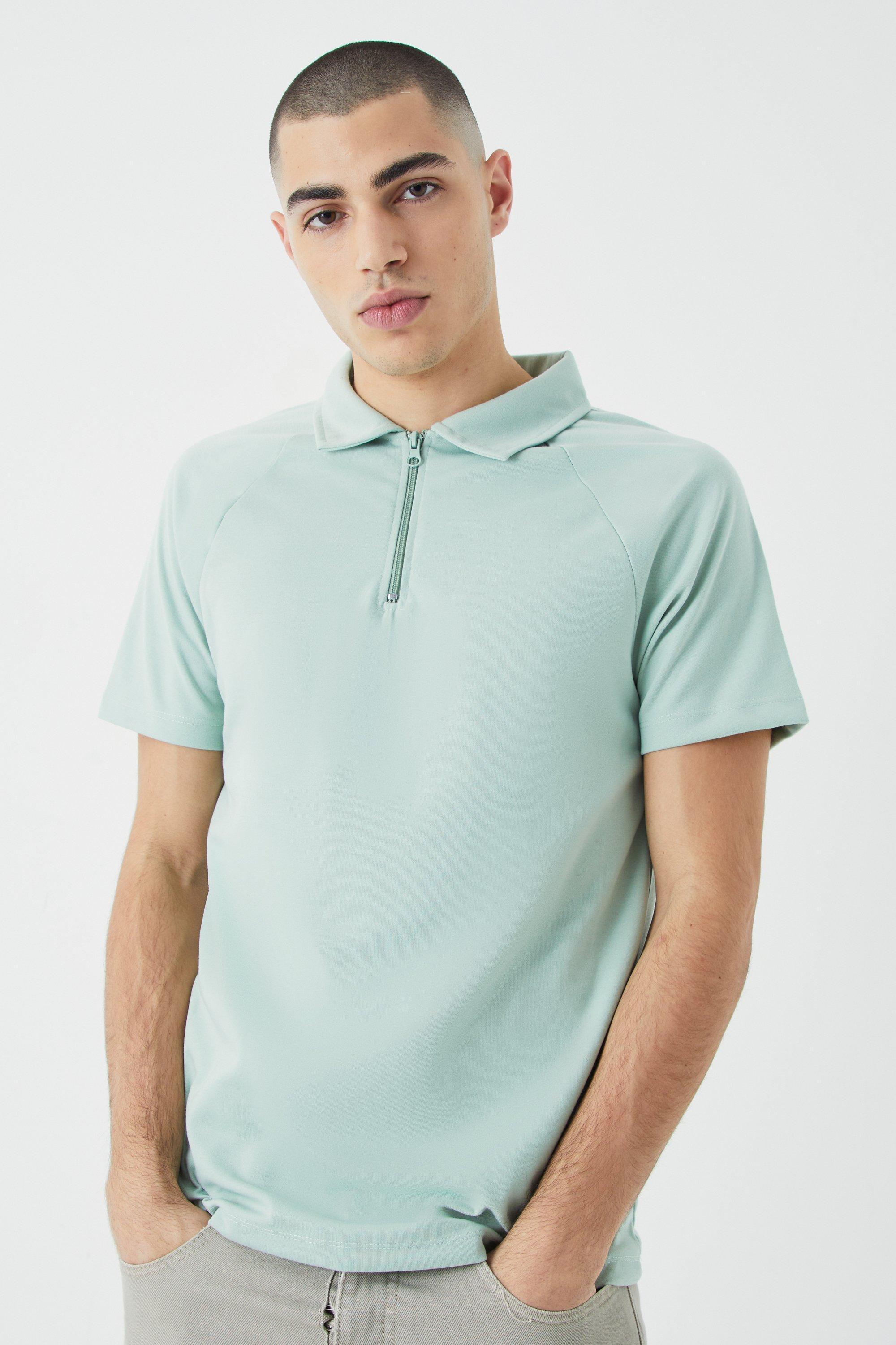 Slim Raglan Zip Neck Interlock Polo | boohooMAN USA Product Image