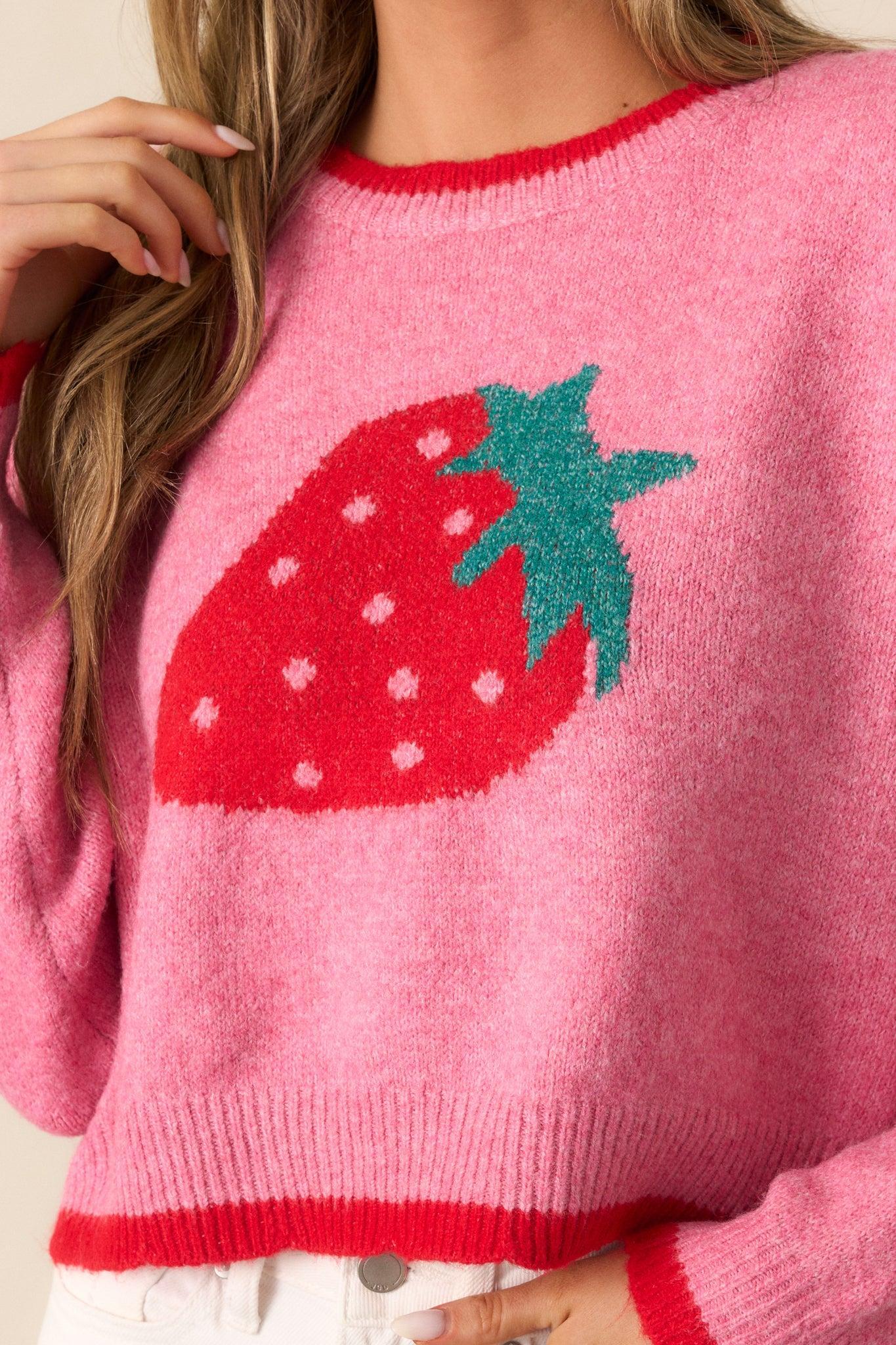 Strawberry Picking Pink Cropped Long Sleeve Sweater Product Image