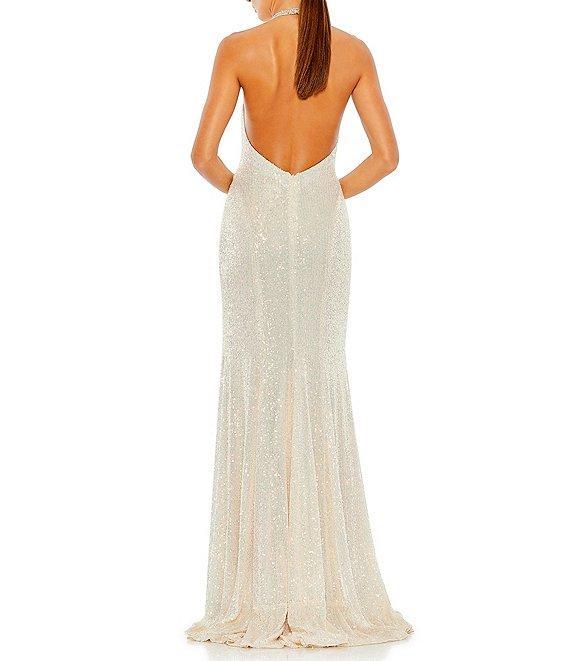 Mac Duggal Sequined Halter Neck Sleeveless Open Back Detail Thigh High Slit Gown Product Image