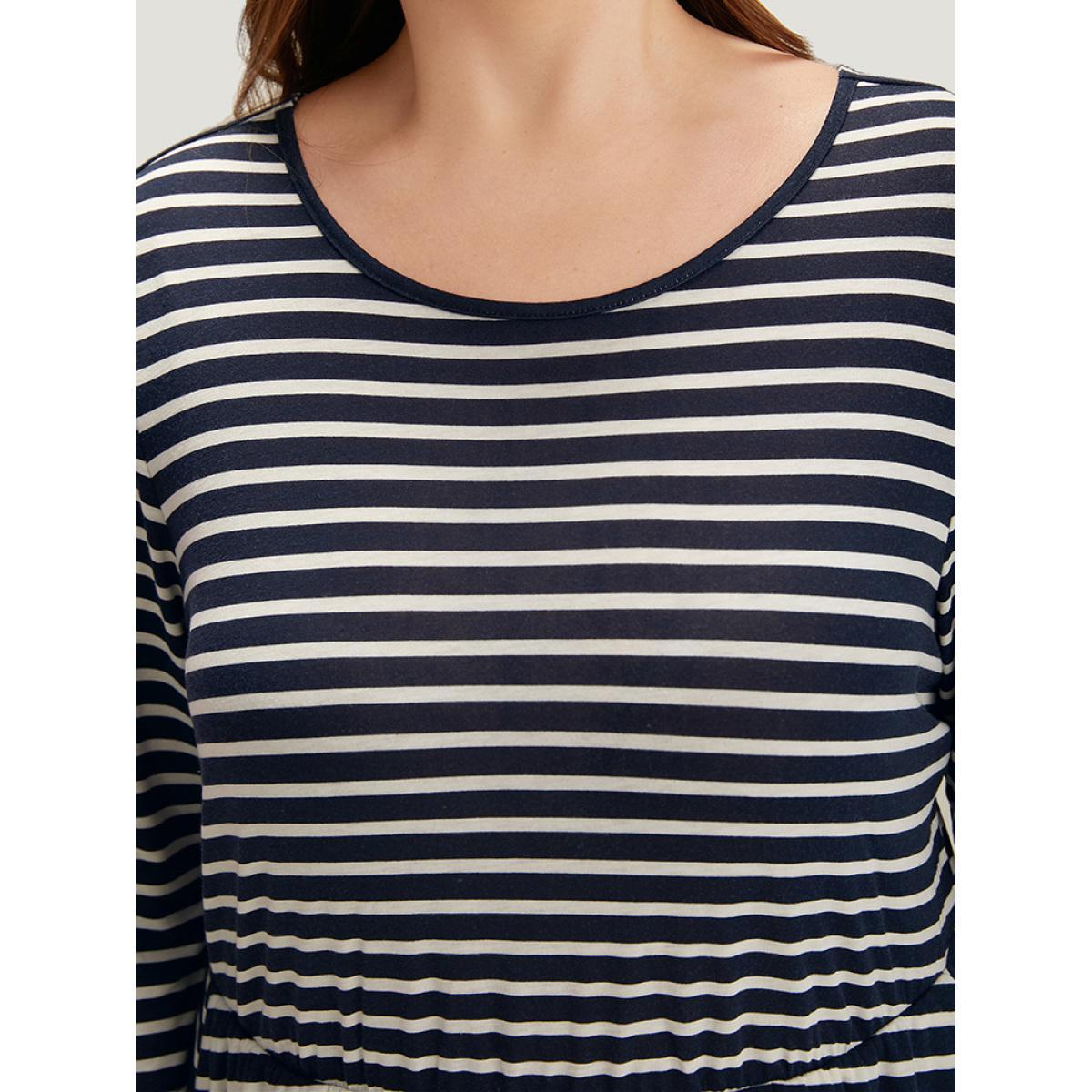 Plus Size Striped Crew Neck Pocket Twist Back Dress Indigo Women Casual Elastic Waist Round Neck Elbow-length sleeve Curvy Midi Dress BloomChic 12/L Product Image