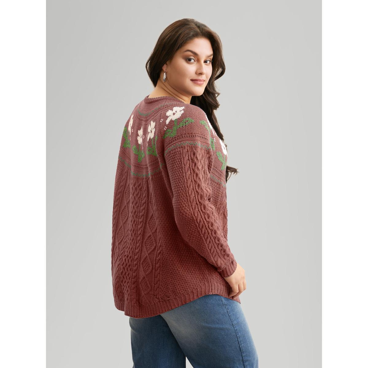 Plus Size Floral Jacquard Raglan Sleeve Pullover Russet Women Leisure Long Sleeve Round Neck Casual Pullovers BloomChic 12/L Product Image