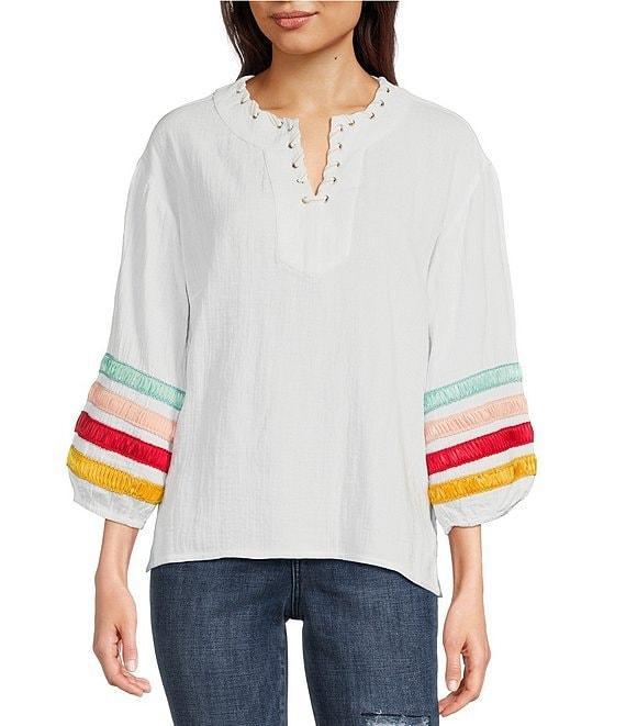 Tru Luxe Jeans Ribbon Trimmed Self-Lace Split Neck 3/4 Sleeve Top Product Image