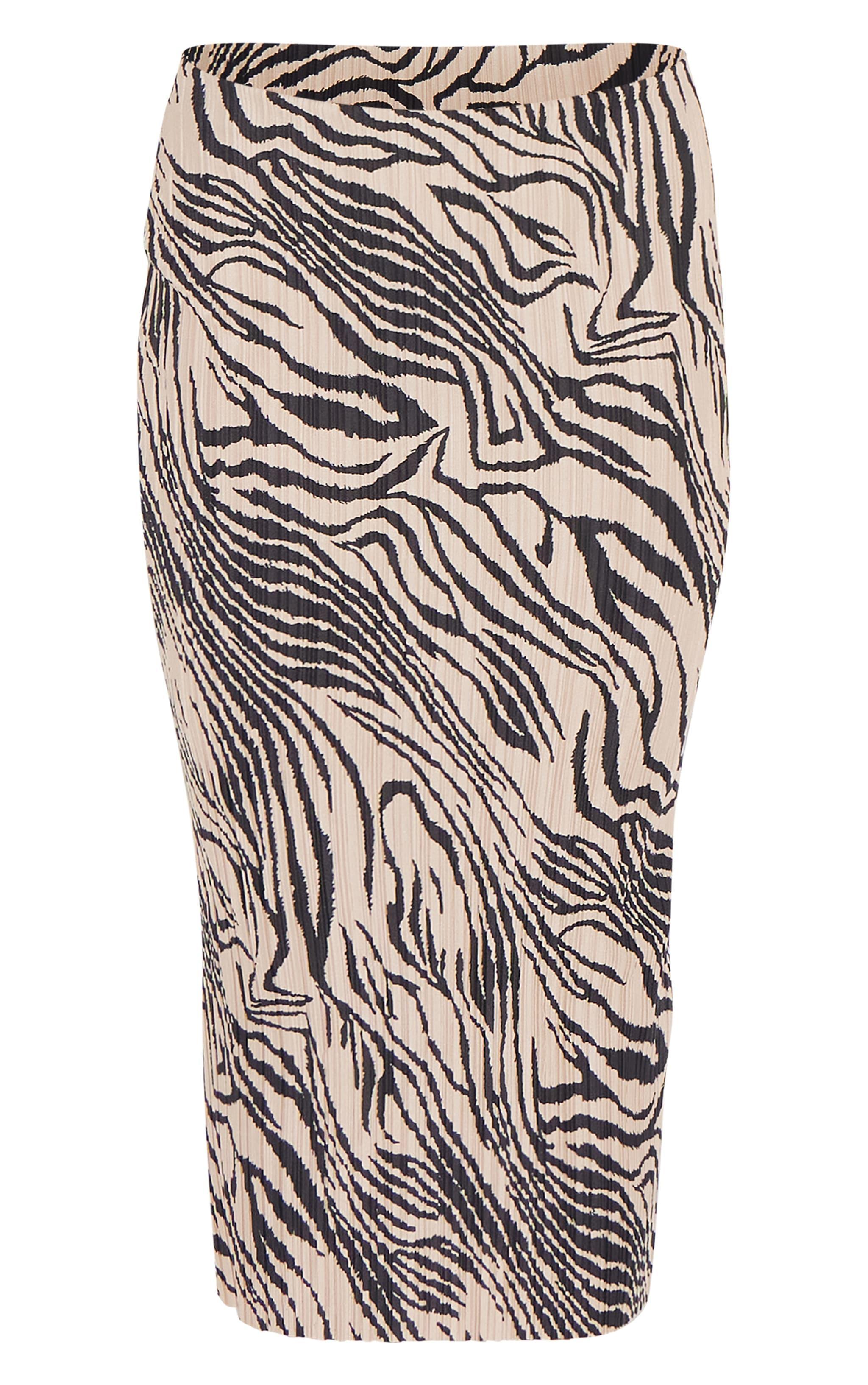 Brown Zebra Print Plisse Printed Midi Skirt Product Image