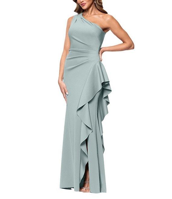 Xscape One Shoulder Side Ruffle Scuba Crepe Gown Product Image