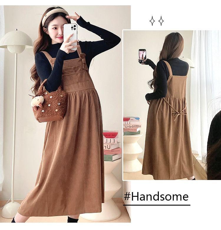 Maternity Long-Sleeve Mock Neck Plain Ribbed Knit Top / Bow Midi A-Line Jumper Dress / Set Product Image