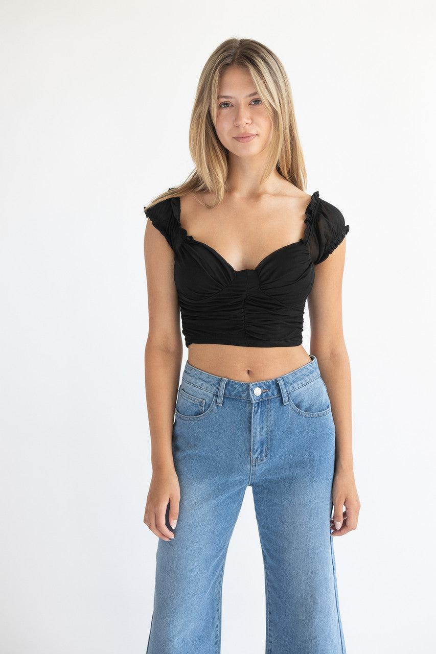 Ruched Front Puff Sleeve Mesh Top Product Image