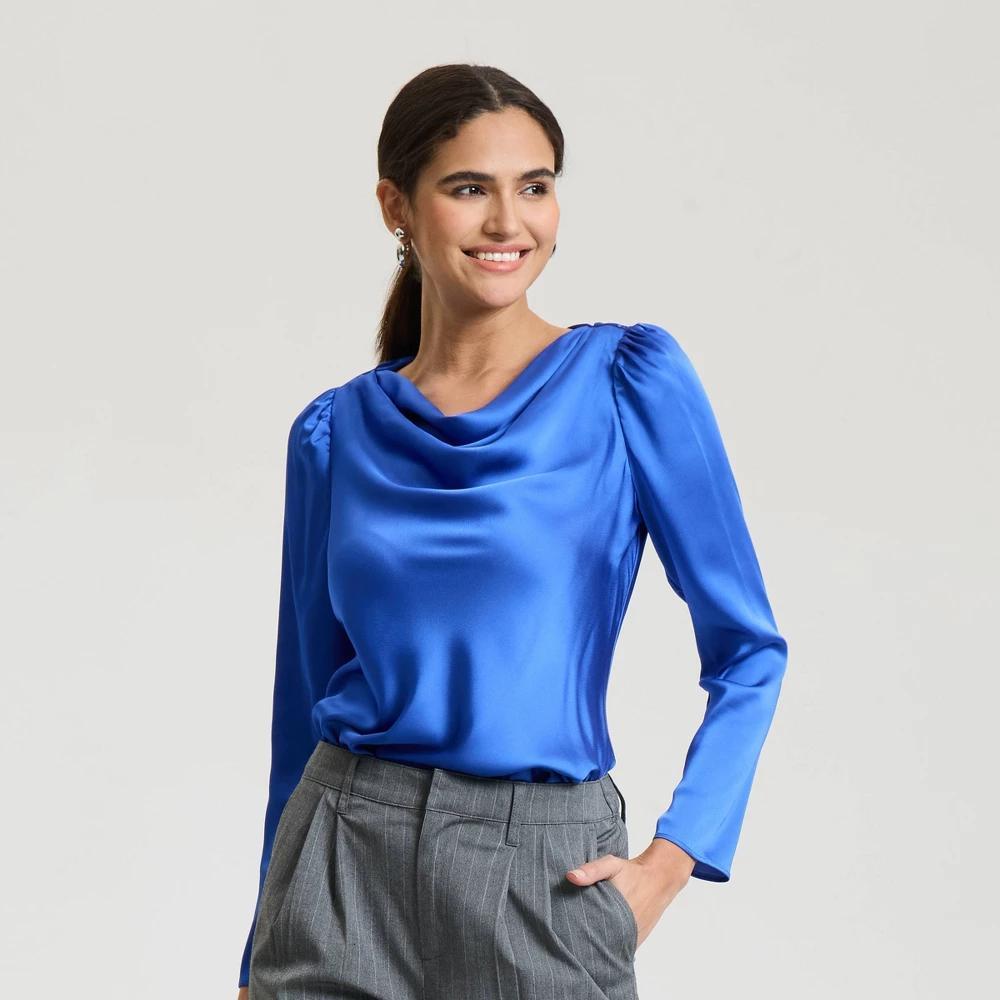 Womens Satin Cowl Neck Blouse - A New Day Cobalt Blue XXL Product Image