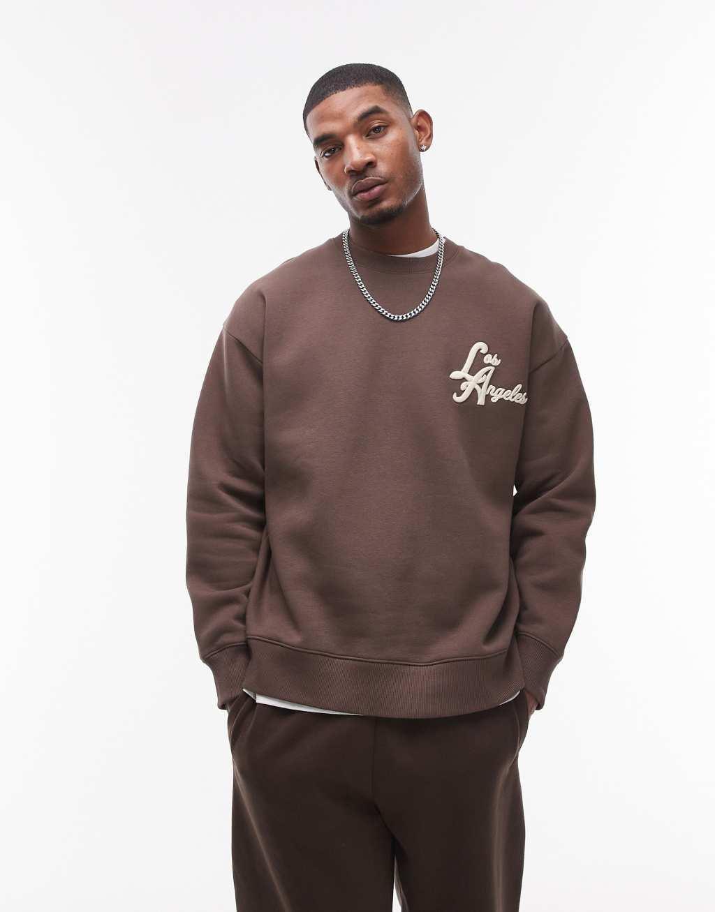 Topman oversized fit sweatshirt with front and back city of angels embroidery in brown Product Image