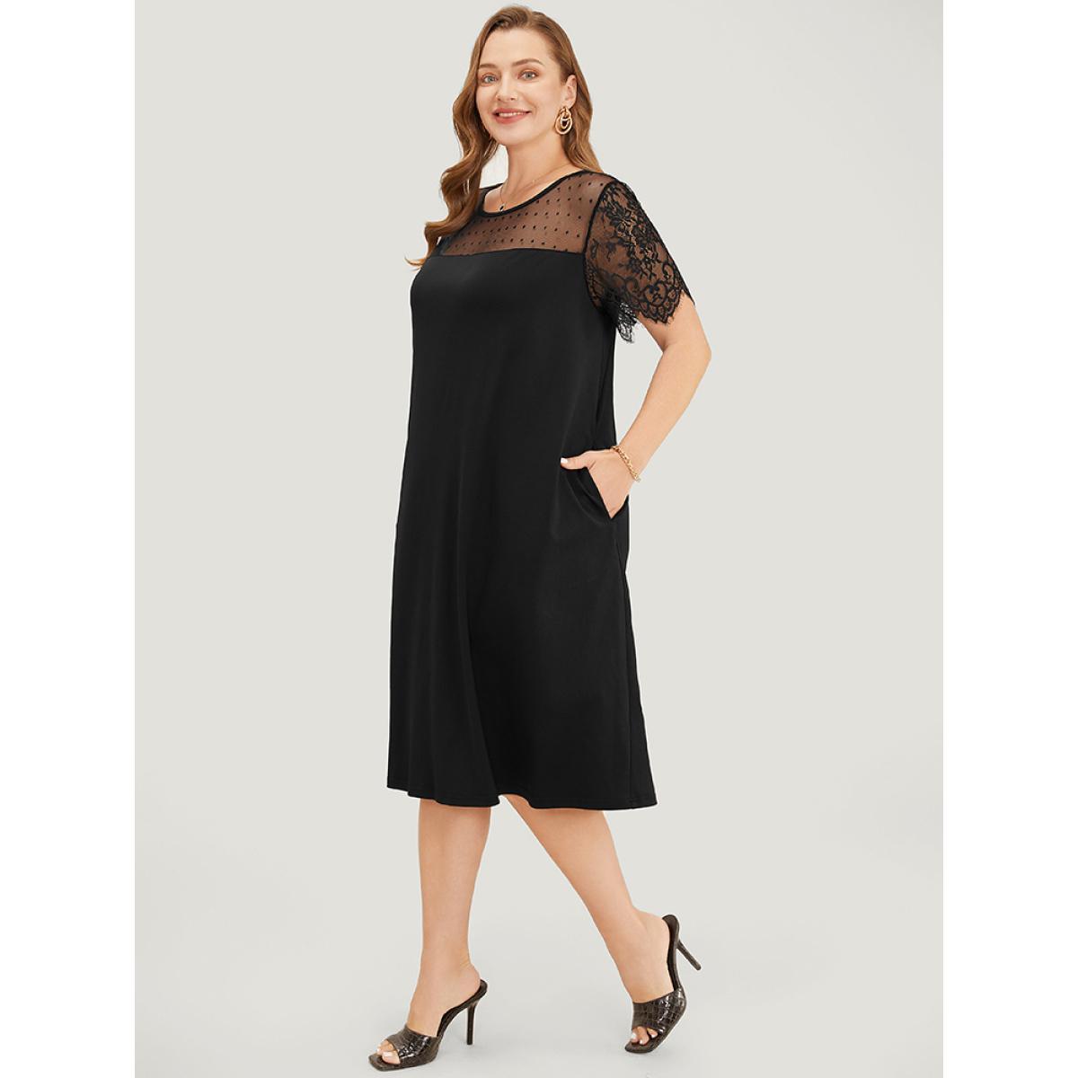 Plus Size Plain Pocket Lace Mesh Patchwork Dress Black Women Elegant Patchwork Round Neck Short sleeve Curvy Midi Dress BloomChic 18-20/2X Product Image