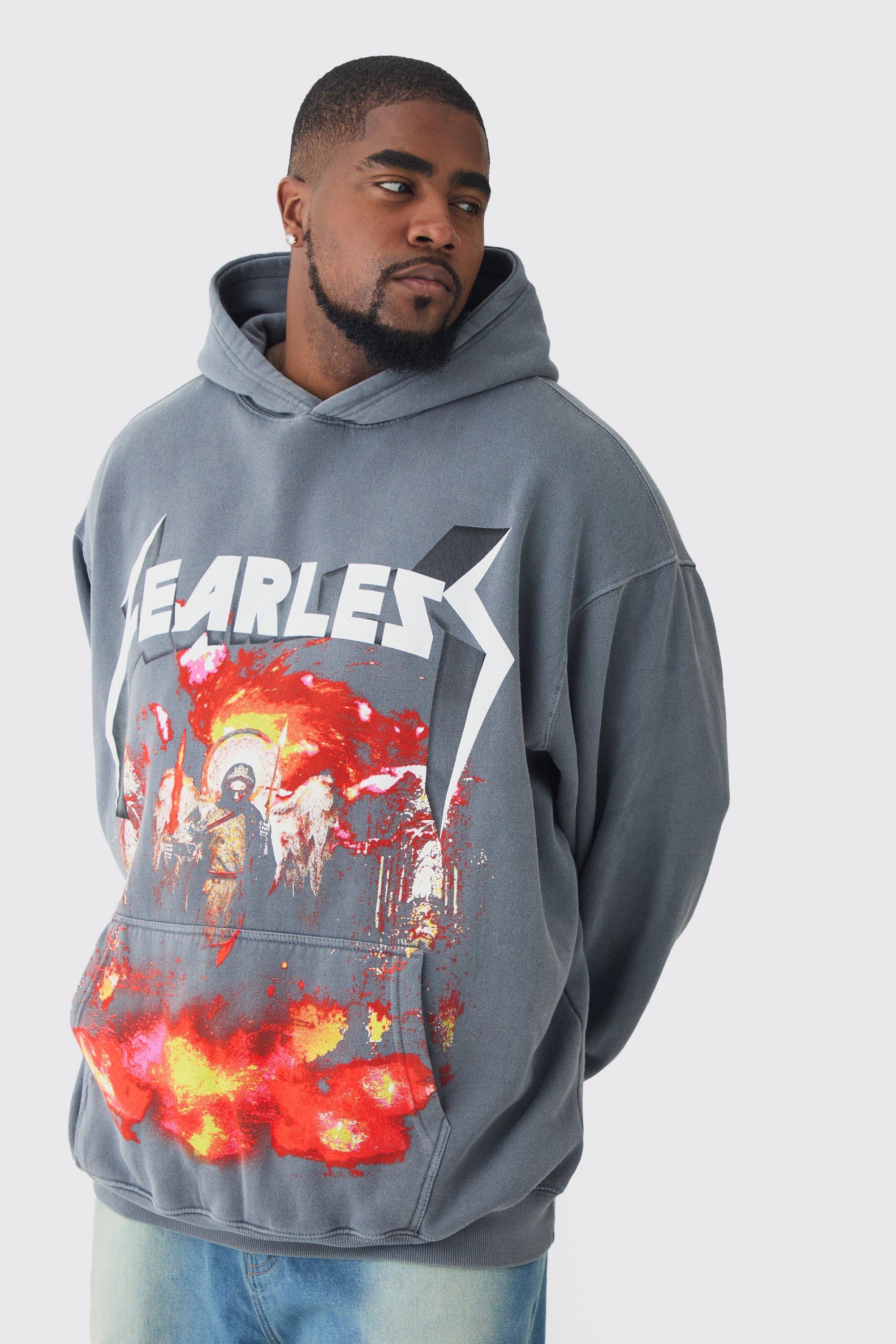 Plus Fearless Print Oversized Washed Hoodie in Black | boohooMAN USA Product Image