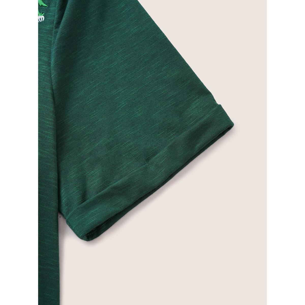 Plus Size Floral Embroidered Roll Sleeve T-shirt DarkGreen Women Elegant Roll Hem Plants Round Neck Everyday T-shirts BloomChic 30/6X Product Image