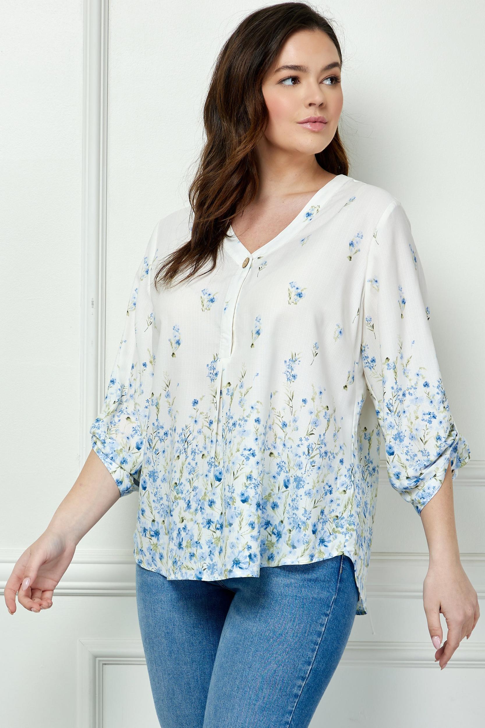 Blue Floral 3/4 Button Tab Sleeve Big Button V-Neck Border Print Blouse - Plus Product Image