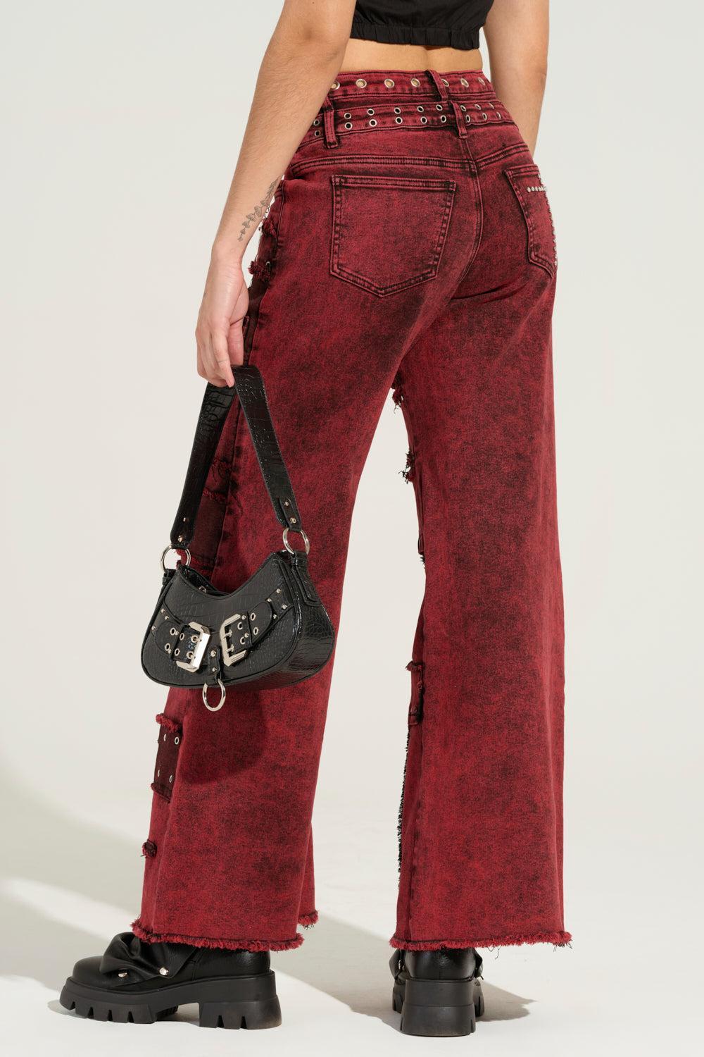 GRUNGY ATTITUDE MINERAL WASH RED WIDE LEG DENIM Product Image