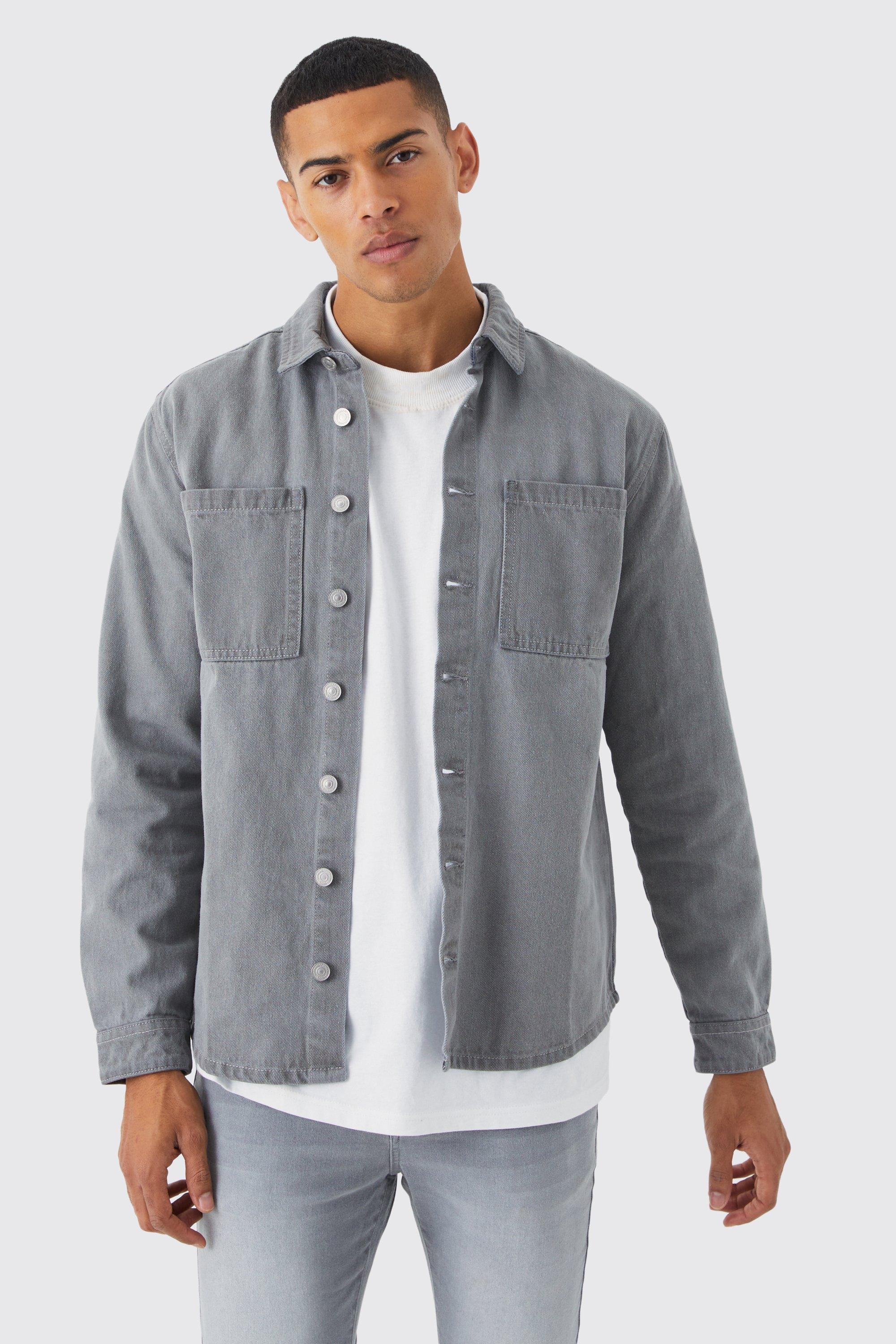 Mens Grey Long Sleeve Denim Overshirt, Grey Product Image