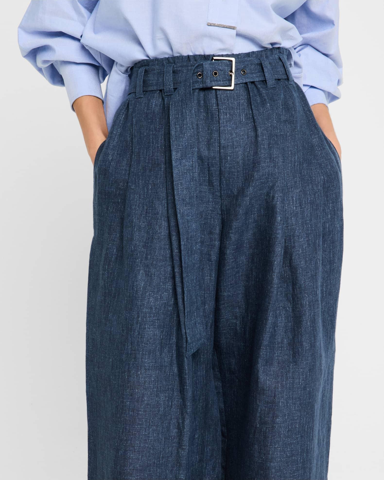 Denim-Effect Linen Wide-Leg Track Pants With Monili Belt Loop Product Image