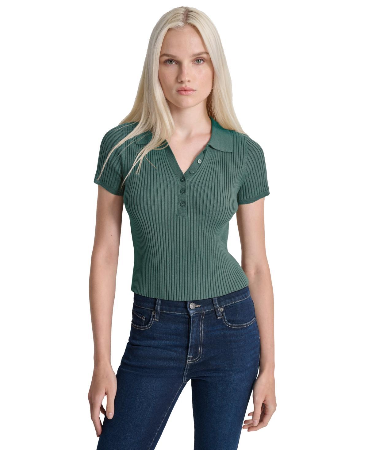 Dkny Jeans Womens Short-Sleeve Ribbed Knit Polo Shirt Product Image