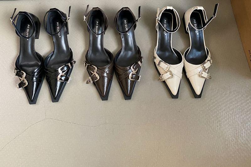 Buckle-Strap Chunky-Heel Pointy Sandals Product Image