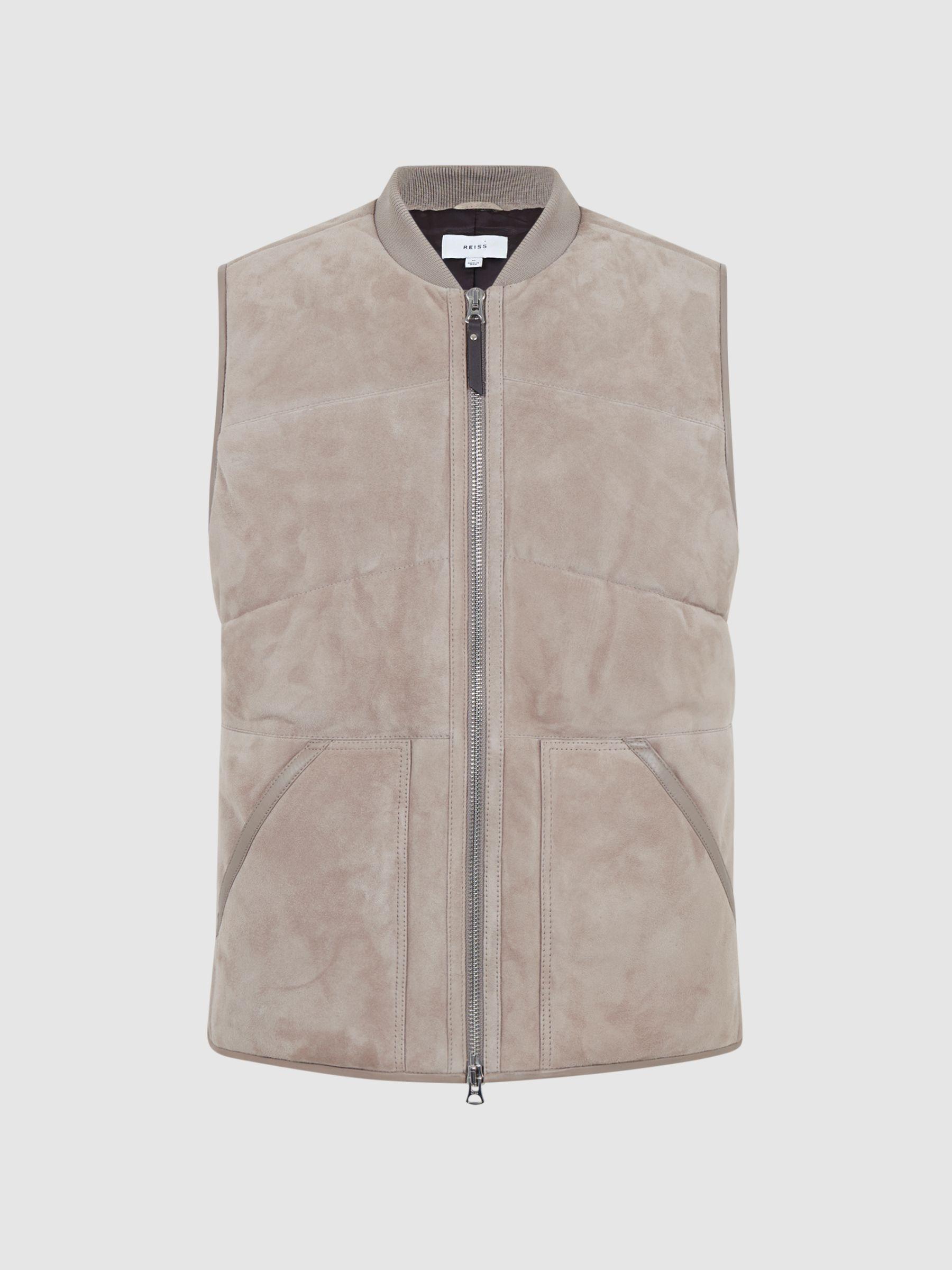 Suede Quilted Sleeveless Gilet in Taupe Product Image