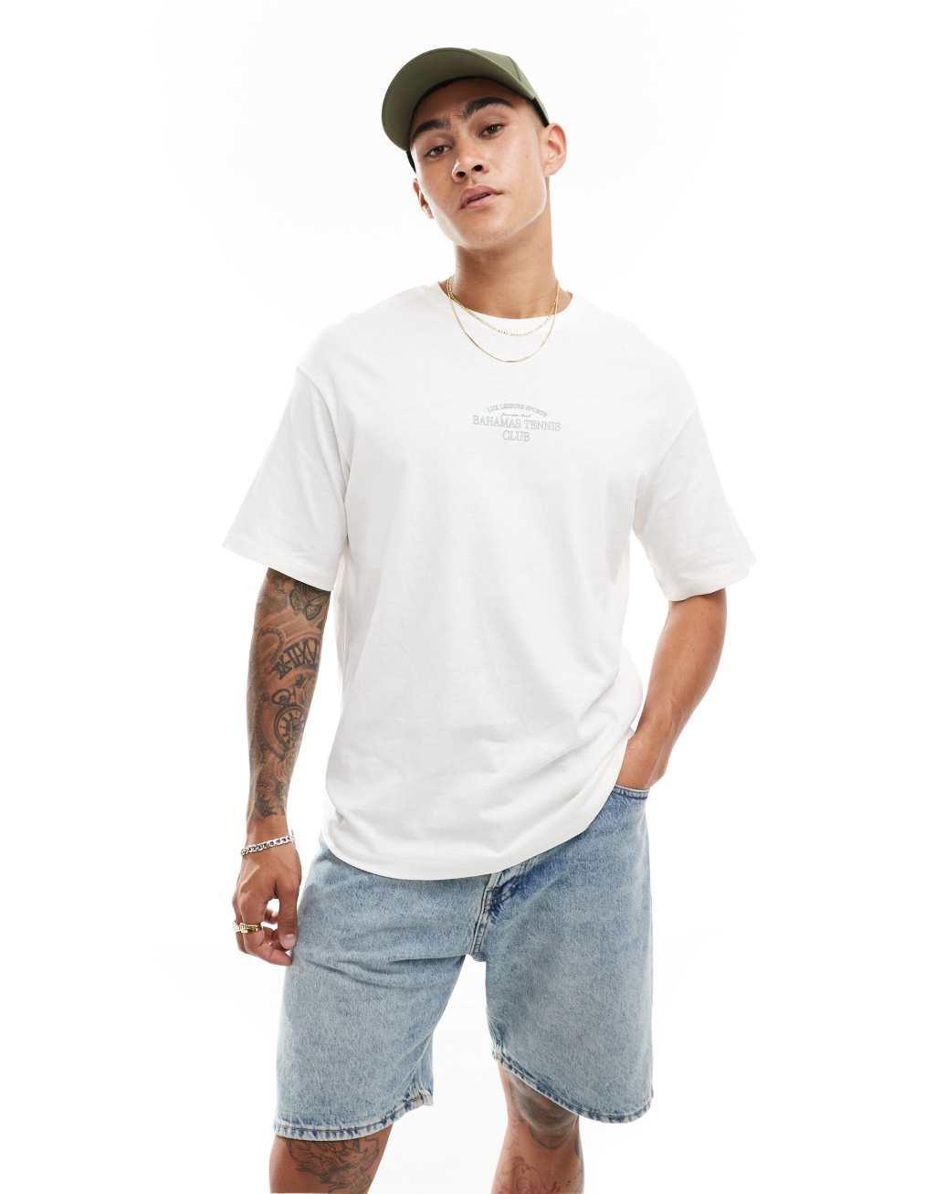 Selected Homme oversized T-shirt with bahamas tennis club print in white Product Image