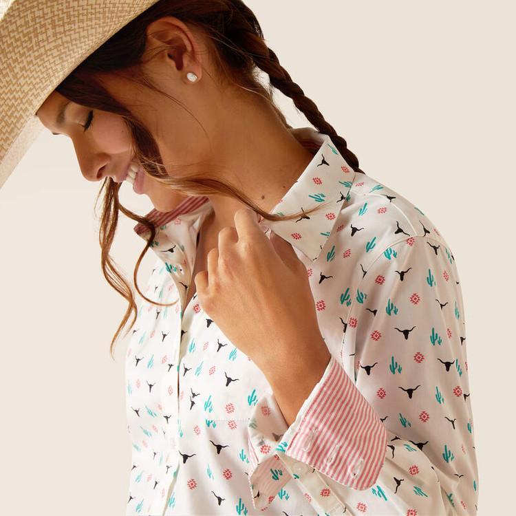 Ariat® Ladies L/S White Kirby Stretch Shirt - Steerhead/Cactus Print Product Image