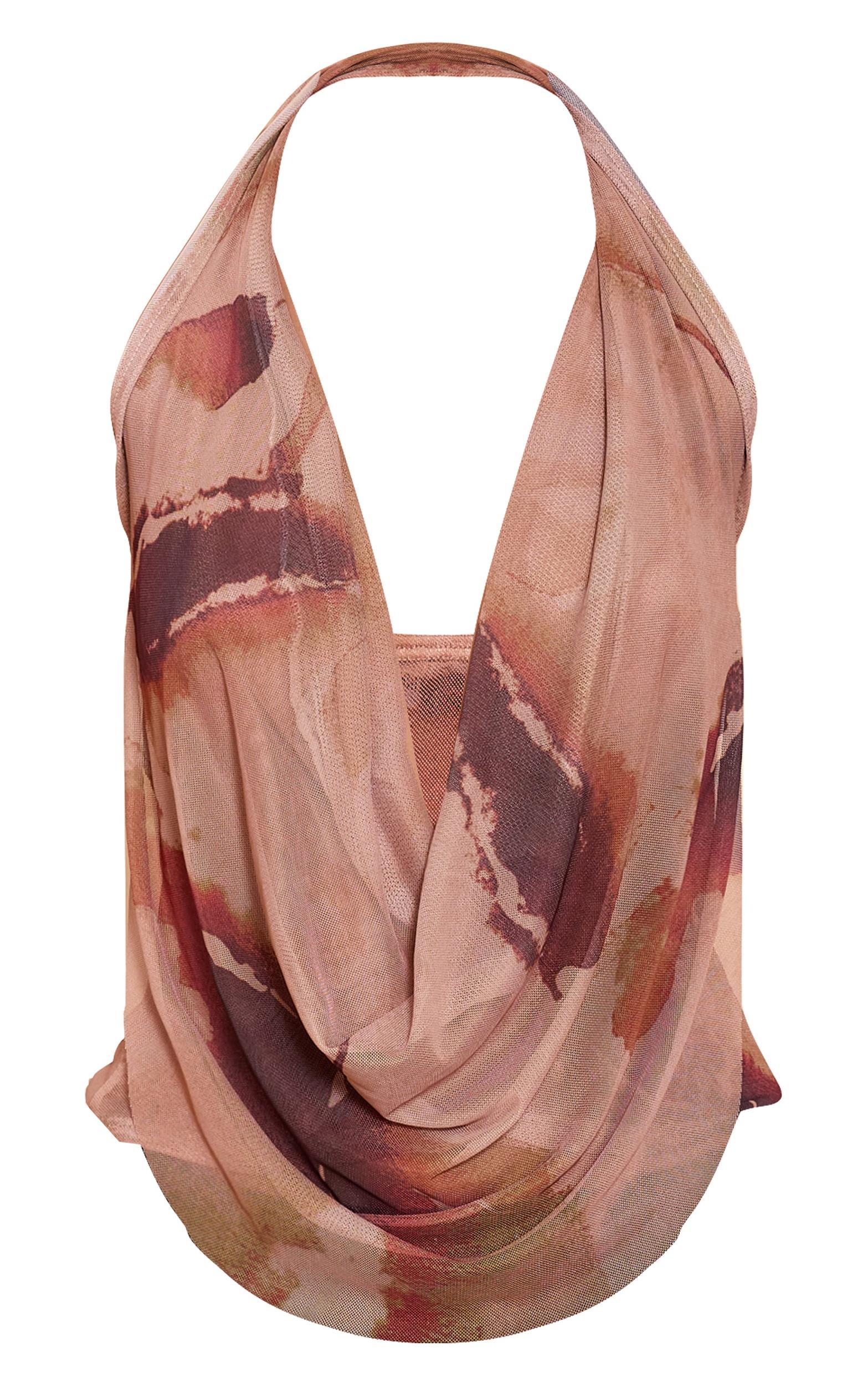 Beige Floral Printed Halter Neck Top Product Image