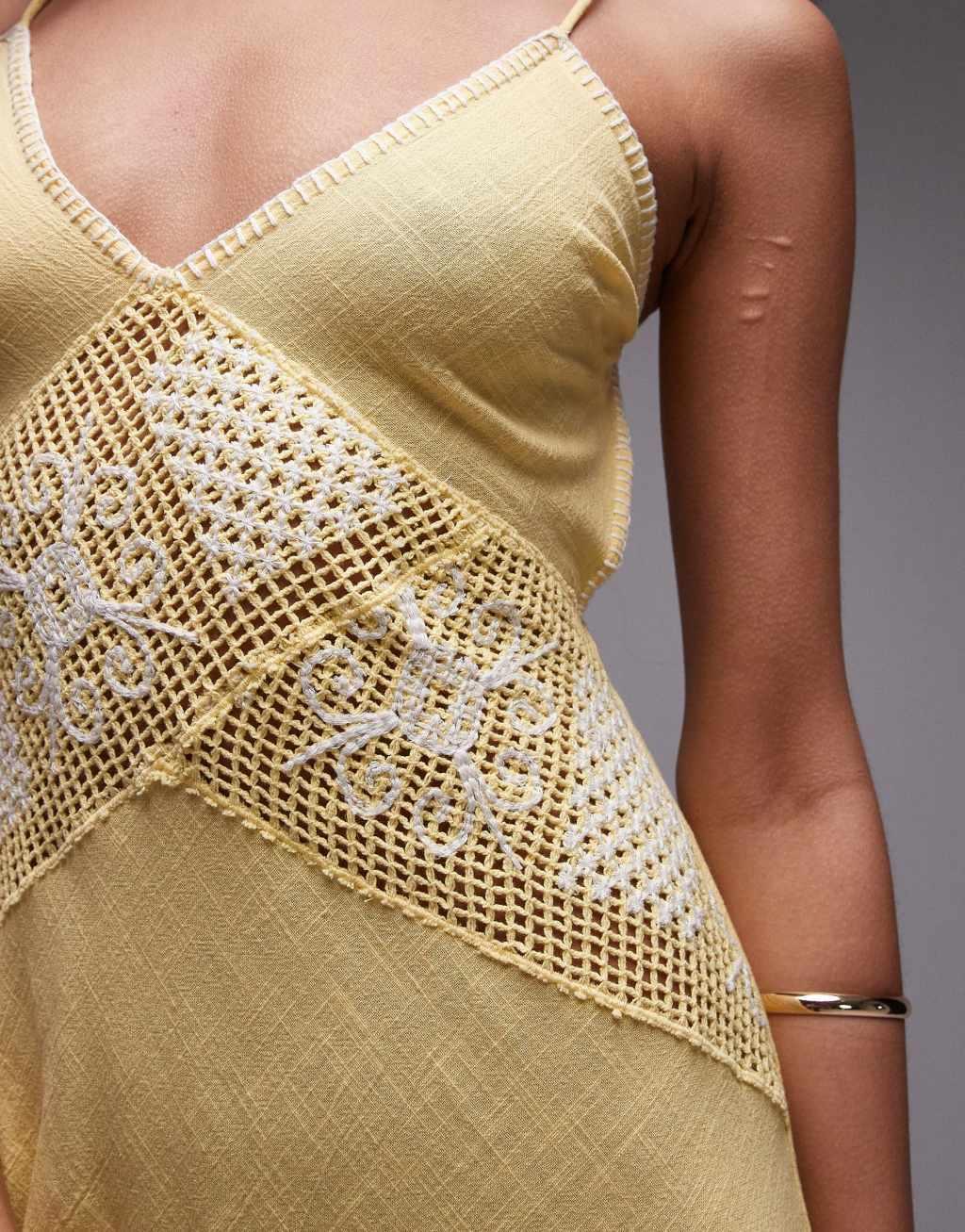 Topshop crochet linen mix sundress in yellow Product Image