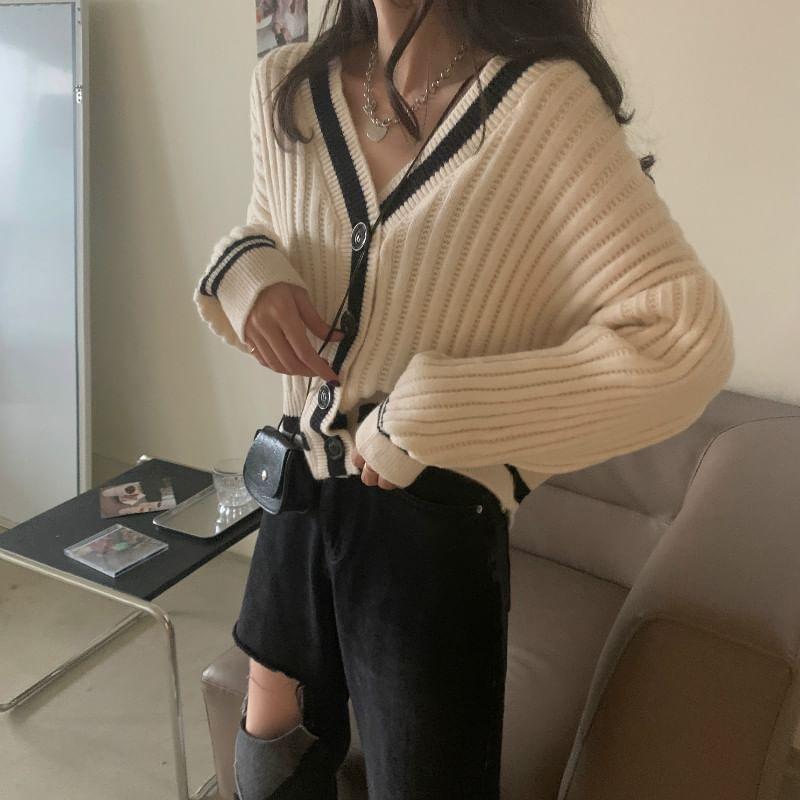 V-Neck Contrast Trim Button-Up Cardigan Product Image