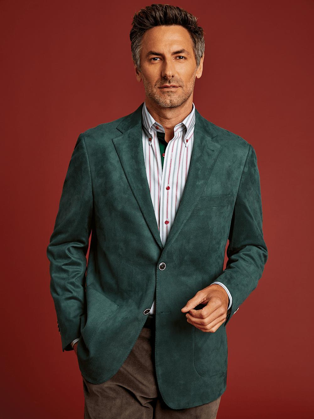 Microsuede Single Breasted Notch Lapel Sport Coat - Dark Green Product Image